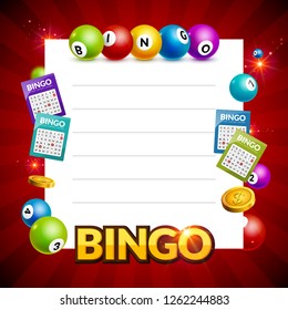 Bingo or lottery game frame background with balls and lottery tickets gamble illustration.