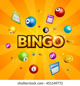 Bingo lottery poster. Balls numbers falling luck concept. Lottery game background.