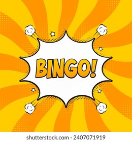 Bingo lottery poster. Lottery game background. Comics pop-art style bang shape on a blue twisted background. Idea for web banners. Comic text sound effects. Vector illustration