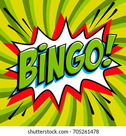 Bingo lottery poster. Lottery game background. Comics pop-art style bang shape on a red twisted background. Ideal for web banners illustration.