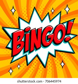 Bingo lottery poster. Lottery game background. Comics pop-art style bang shape on a yellow twisted background. Ideal for web banners illustration.