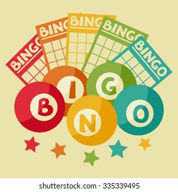 Bingo or lottery retro game illustration with balls and cards.