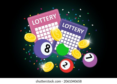 Bingo lottery sign banner on dark background. Colorful balls, lotto tickets, confetti and jackpot winner money coins. Online gambling big win concept. Gaming industry and casino advertising vector eps