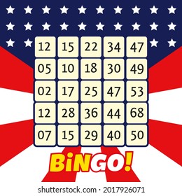 Bingo lottery ticket and USA flag. Background for sports gambling 