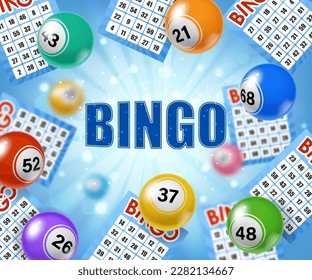 Bolas y boletos de lotería de bingo. Loto de casino suerte apuesta, oportunidad de suerte de juego o juego de bingo jackpot ganar concepto de vector realista. Lotería de apuestas, oportunidad de fortuna 3d fondo con explosión de luz