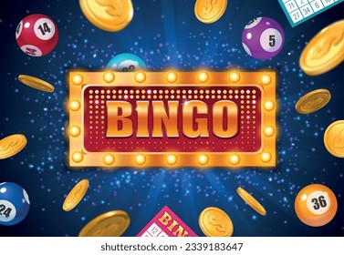 Bingo lottery winner poster in realistic style with balls and coins on sparkling blue background vector illustration
