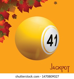 Bingo Lottery Yellow Ball Over Autumn Teamed Background With Leafs and Decorative Jackpot Text