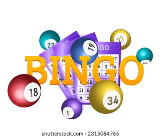 Bingo lotto game balls and lottery cards with lucky numbers. Realistic keno gambling game win poster with cards burs vector concept.