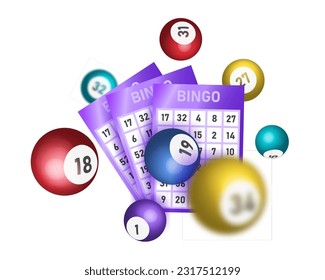 Bingo lotto game balls and lottery cards with lucky numbers. Realistic keno gambling game win poster with cards burs vector concept.
