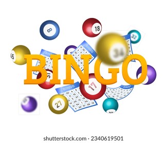 Bingo lotto game balls and lottery cards with lucky numbers. Realistic keno gambling game win poster with cards burs vector concept.
