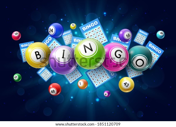 Bingo lotto game balls and lottery cards with lucky\
numbers on glowing background with sparkles. Vector poster for\
bingo lottery tv show, keno raffle and lotto win tickets gambling\
and win chance game