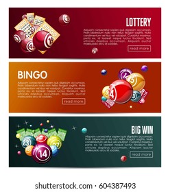 Bingo lotto lottery web banners templates set. Vector design with online interface buttons. Winner balls and lucky numbers, game cards or gambling tickets