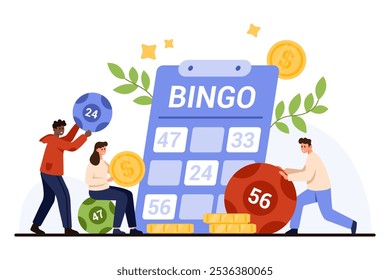 Bingo y lotería, juego de azar de la rifa y juego del ocio. Pequeña gente afortunada jugando a la lotería en la tarjeta de boleto, sosteniendo bolas con número y monedas de dinero para ganar la Ilustración vectorial de dibujos animados del premio de la fortuna