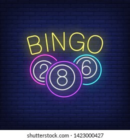 Bingo neon lettering and balls with numbers. Gamble, lotto, entertainment design. Night bright neon sign, colorful billboard, light banner. Vector illustration in neon style.