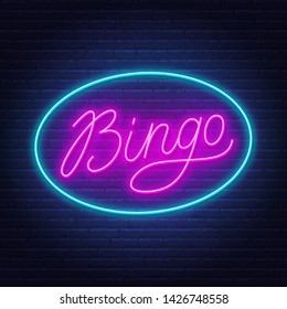 Bingo neon sign on brick wall background. Vector illustration.