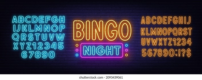 Bingo Night neon sign on brick wall background.