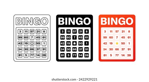 BINGO numbers icons. Bingo calendars. Linear, silhouette and flat style. Vector icons