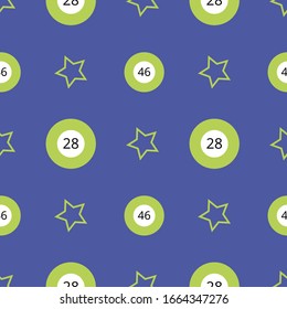 Bingo pattern with green balls and stars on the blue background. Seamless vector ornament for banners, posters, packets, covers, tickets