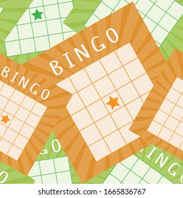 Bingomuster mit grünen und orangefarbenen Spielkarten. Nahtlose Vektorillustration für Banner, Plakate, Packungen, Umschläge, Tapeten