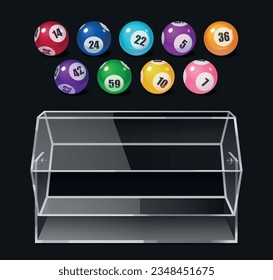 Bingo realistic composition with colorful balls with numbers and plastic lottery drum on black background isolated vector illustration