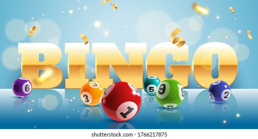 Bingo. Realistic lottery balls and golden confetti poster with text, lucky big win. Lotto game internet leisure, vector gambling concept background