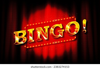 Bingo. Retro big win congratulation banner with glowing light bulbs and golden confetti on a burst purple background. Winners of poker, jackpot, roulette, cards or lottery.