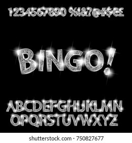 Bingo. Silver glowing alphabet and numbers on a dark background. Vector illustration for your graphic design.