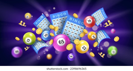 Bingo ticket. Gamble game. Lottery winning. Casino jackpot. Lotto lucky chance. Gold coins. Light rays. Bet card with numbers. Fortune balls. Vector money betting bonus. Entertainment sport background