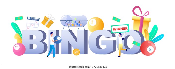 Bingo Typography Banner Template, Vector Illustration. Raffle Drum With Balls, Gift Boxes, Lottery Ticket, Man With Lucky Ball And Happy Woman Bingo Lotto Game Prize Winner. Lottery Gambling.