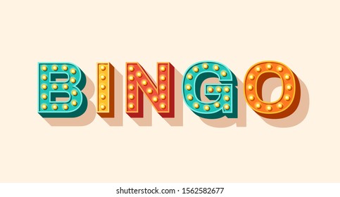 Bingo vector typography. Lottery retro glowing lettering. Game of chance and casino concept. Sparkly 3d signboard with neon light bulbs. Vintage volumetric letters isolated on white background