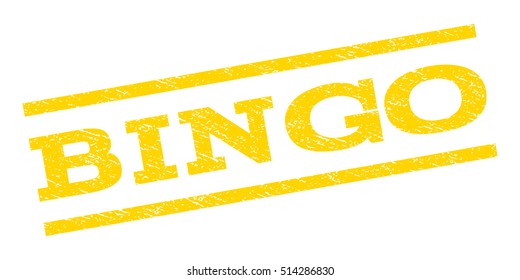 Bingo watermark stamp. Text caption between parallel lines with grunge design style. Rubber seal stamp with dust texture. Vector yellow color ink imprint on a white background.