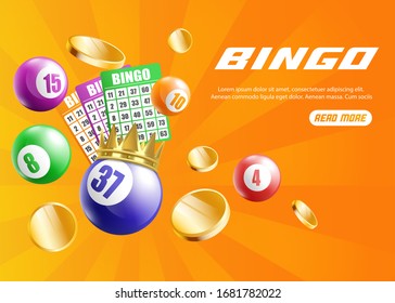 Bingo Web-Banner oder Poster-Vorlage mit Zahlenbälle und Karten auf orangefarbenem Hintergrund, realistische Vektorillustration-Illustration. Lotterie oder Glücksspiel-Werbung.