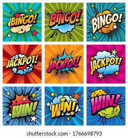 Bingo and win comic bubbles vector set. Happy whoop after jackpot, gambling game win or reaching achievement. Cloud explosion with stars and pop art typography on striped, twisted background