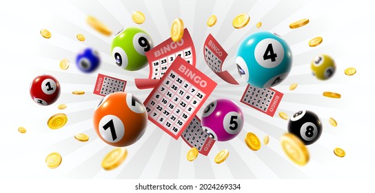 Bingo winner background with lottery tickets, balls and gold coins. Realistic keno gambling game win poster with cards burs vector concept. Illustration of lotto jackpot, casino gamble leisure