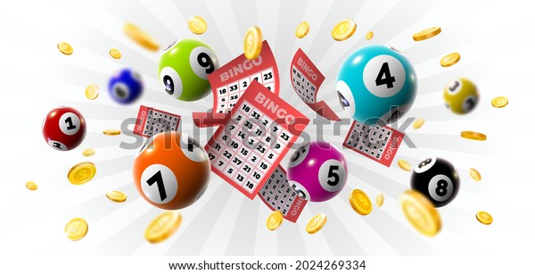 Bingo winner background with lottery tickets,\
balls and gold coins. Realistic keno gambling game win poster with\
cards burs vector concept. Illustration of lotto jackpot, casino\
gamble leisure