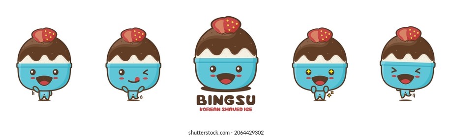 bingsu cartoon mascot illustration, korean shaved ice, with different facial expressions and poses, isolated on white background