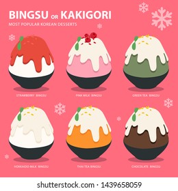 bingsu or kakigori most popular korean desserts on pink background with snow