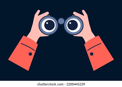 Binocular in hands. Looking and explore, searching through binoculars. Hand holding glasses with cartoon eyes. Hr or vision recent vector concept