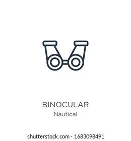Binokulares Symbol. Dünne lineare binokulare Umrisssymbol einzeln auf weißem Hintergrund aus der nautischen Sammlung. Vektorillustration der Linie, Symbol für Web und Mobilfunk