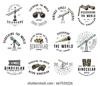 Binocular logo emblem or label astronomical instruments, telescopes oculars and binoculars, quadrant, sextant engraved in vintage hand drawn or wood cut style , old sketch glasses.