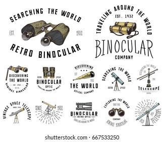 Binocular logo emblem or label astronomical instruments, telescopes oculars and binoculars, quadrant, sextant engraved in vintage hand drawn or wood cut style , old sketch glasses.