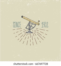 Binocular logo emblem or label astronomical instruments, telescopes oculars and binoculars, quadrant, sextant engraved in vintage hand drawn or wood cut style , old sketch glasses.