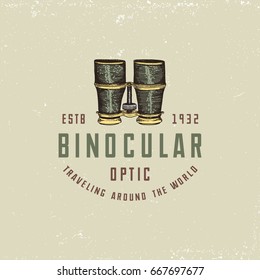 Binocular logo emblem or label monocular vintage, engraved hand drawn in sketch or wood cut style, old looking retro scinetific instrument for exploring and discovering