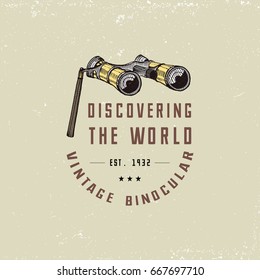 Binocular logo emblem or label monocular vintage, engraved hand drawn in sketch or wood cut style, old looking retro scinetific instrument for exploring and discovering