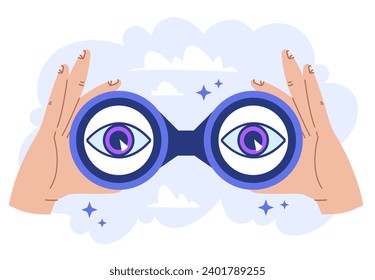 Concepto de ojos de gafas de visión delantera con aspecto binocular. Ilustración de diseño gráfico plano vectorial