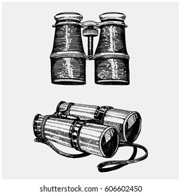 Binocular Monocular Vintage, Engraved Hand Drawn In Sketch Or Wood Cut Style, Old Looking Retro Scientific Instrument For Exploring And Discovering.