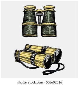 Binocular monocular vintage, engraved hand drawn in sketch or wood cut style, old looking retro scientific instrument for exploring and discovering