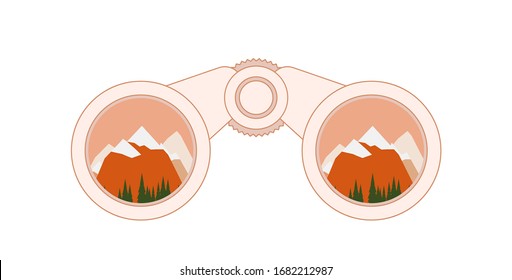 Binocular con montañas. Explorar y aventuras símbolo. Senderismo, mochilera, paseos, exploraciones, autocaminatas. Ilustración del vector