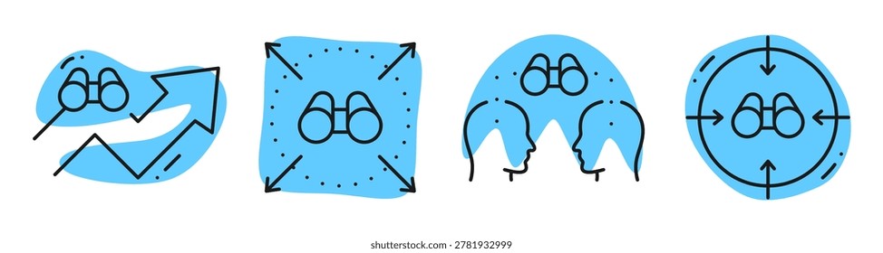 Binocular observation and targeting icons representing reach and focus. Editable stroke