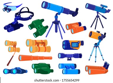 Binocular Optical Equipment Vector Illustrations. Cartoon Flat Search, Explore And Zoom Vision Set With Telescope, Binoculars Spyglass, Glass Lenses. Optics Military Spy Objects Isolated On White